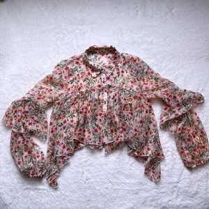 Forever 21 Floral Blouse Women Ruffle Sheer oversized Cropped Top- Small